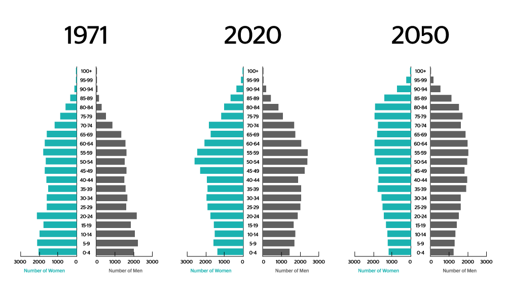 Graph showing the number of women and men in 1971, 2020 and a projection for 2050